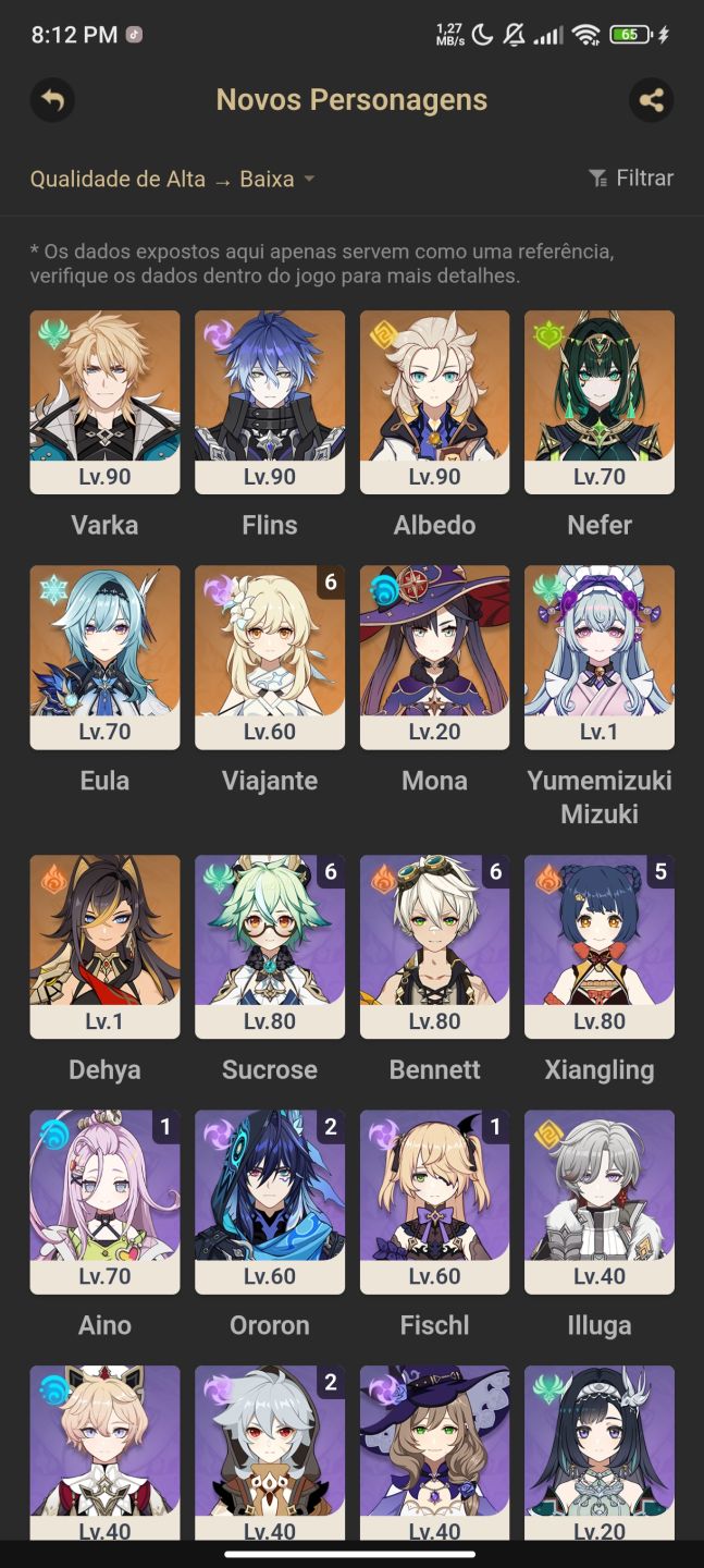 CONTA GENSHIN AR 56 VARKA ALBEDO FLINS E NEFER NO GARANTIDO+RAIDEN XIAO SV ASIA