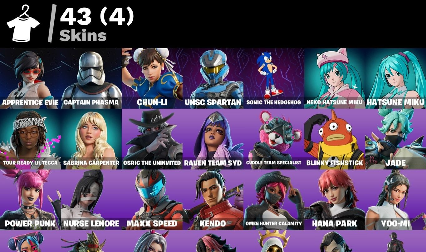 Conta Fortnite com 43 Skins | Chun-Li, Sonic, Hatsune Miku, Sabrina Carpenter
