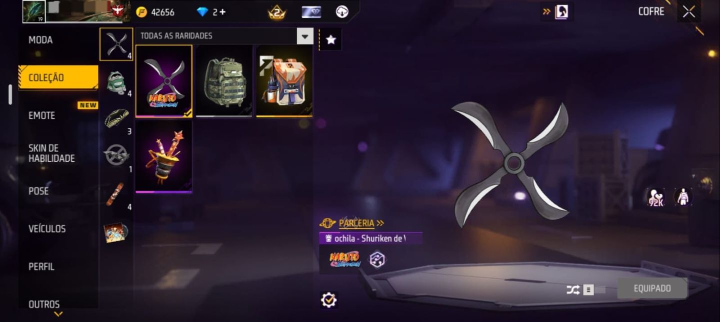 CONTA COM 4 CONJUNTOS DA PARCERIA COM NARUTO + ARMAS E ITENS EXCLUSIVOS