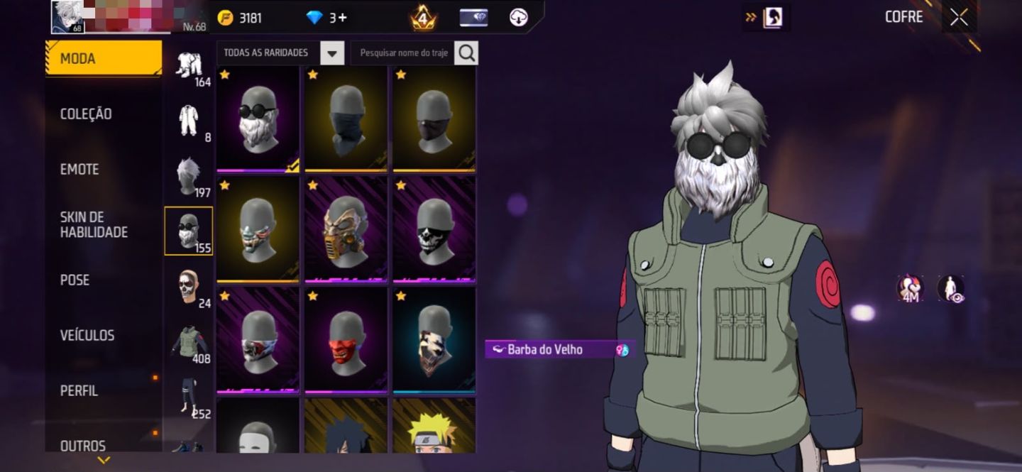 CONTA FREEFIRE COM TODAS AS SKINS DE NARUTO E ARMAS ATRIBUTADAS