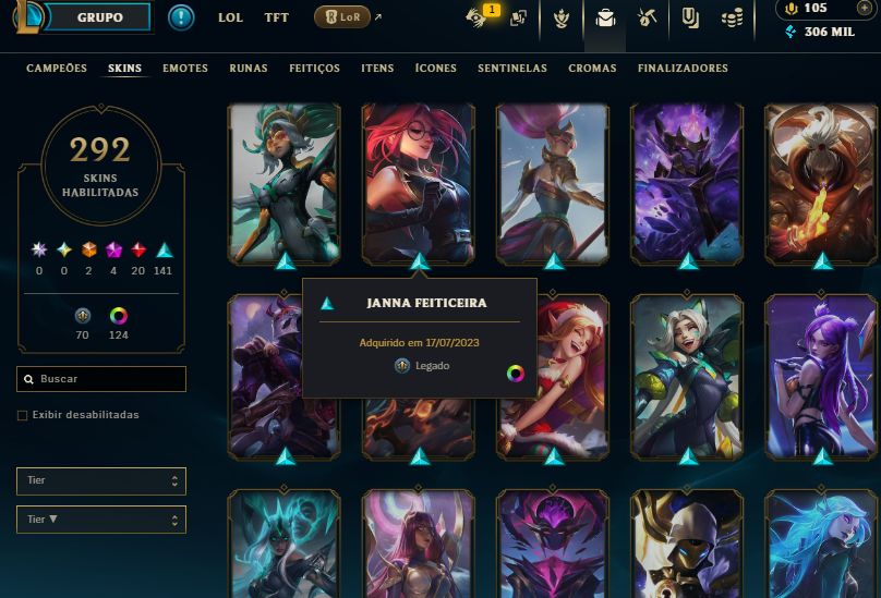 Conta lvl 701 MMR de esmeralda 292 skins 124 cromas 306mil de essência azul