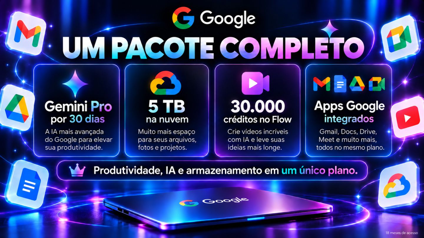 Gemini Pro 30 dias + 5TB + Google Flow + YouTube Premium Lite + Antigravity