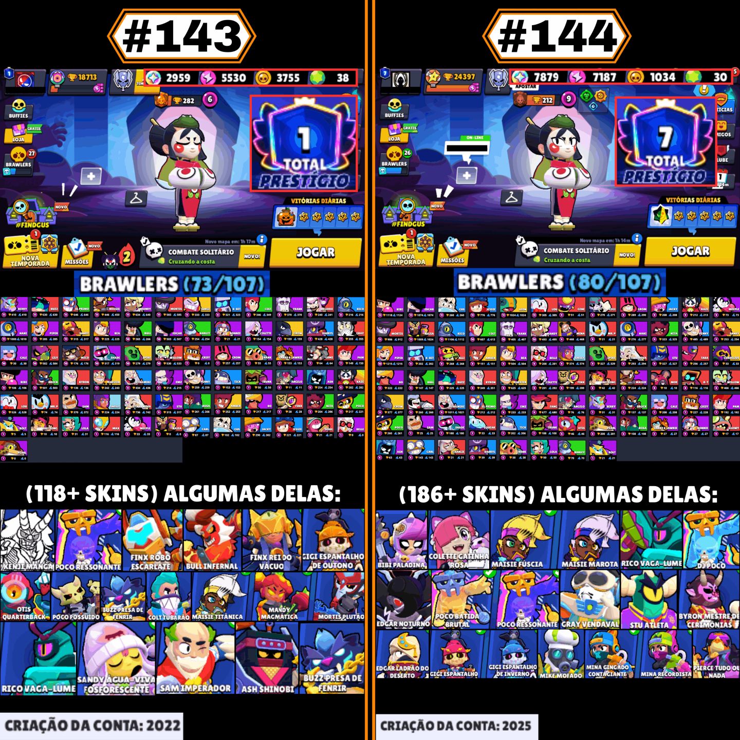 CONTAS BRAWL STARS | LENDÁRIOS, HIPERCARGAS, SKINS RARAS, P11, GEMAS, TROFÉUS