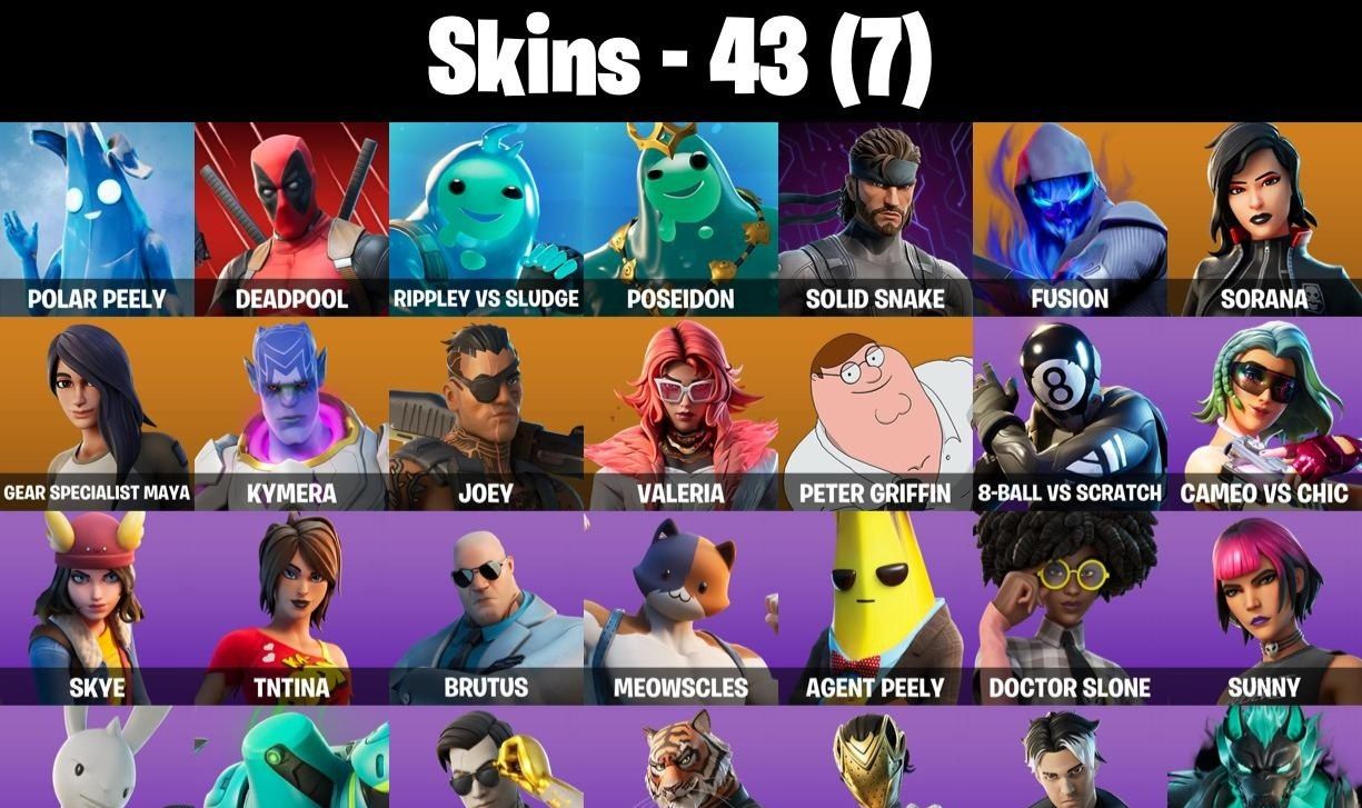 CONTA FORTNITE COM 43 SKINS SOLID SNAKE/BRUTUS/SORANA/IRIS/KYMERA/TNTINA