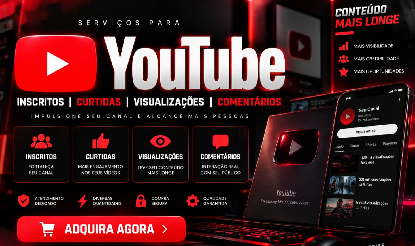 YouTube | Inscritos + Curtidas + Views + Shorts | Brasileiros e Premium