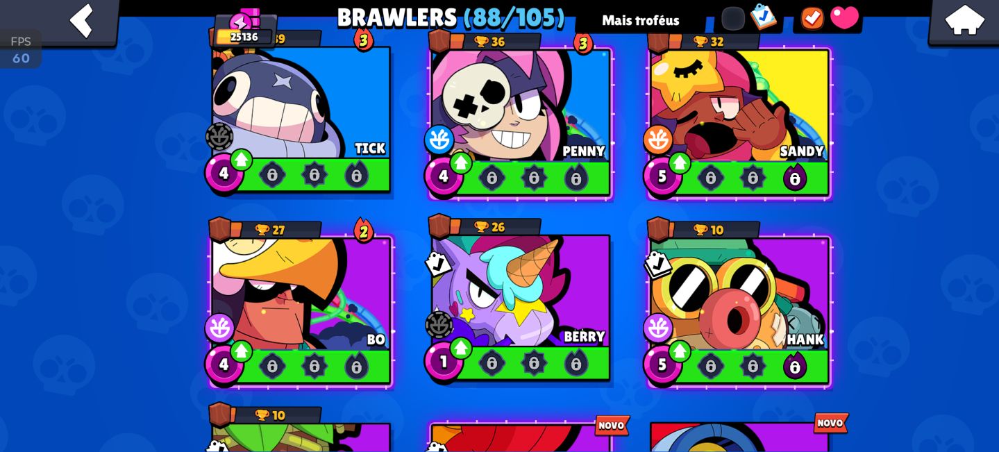 25k de troféu, Todos os lendários 88 brawler, 17 hipercarga e 6 buffs completos