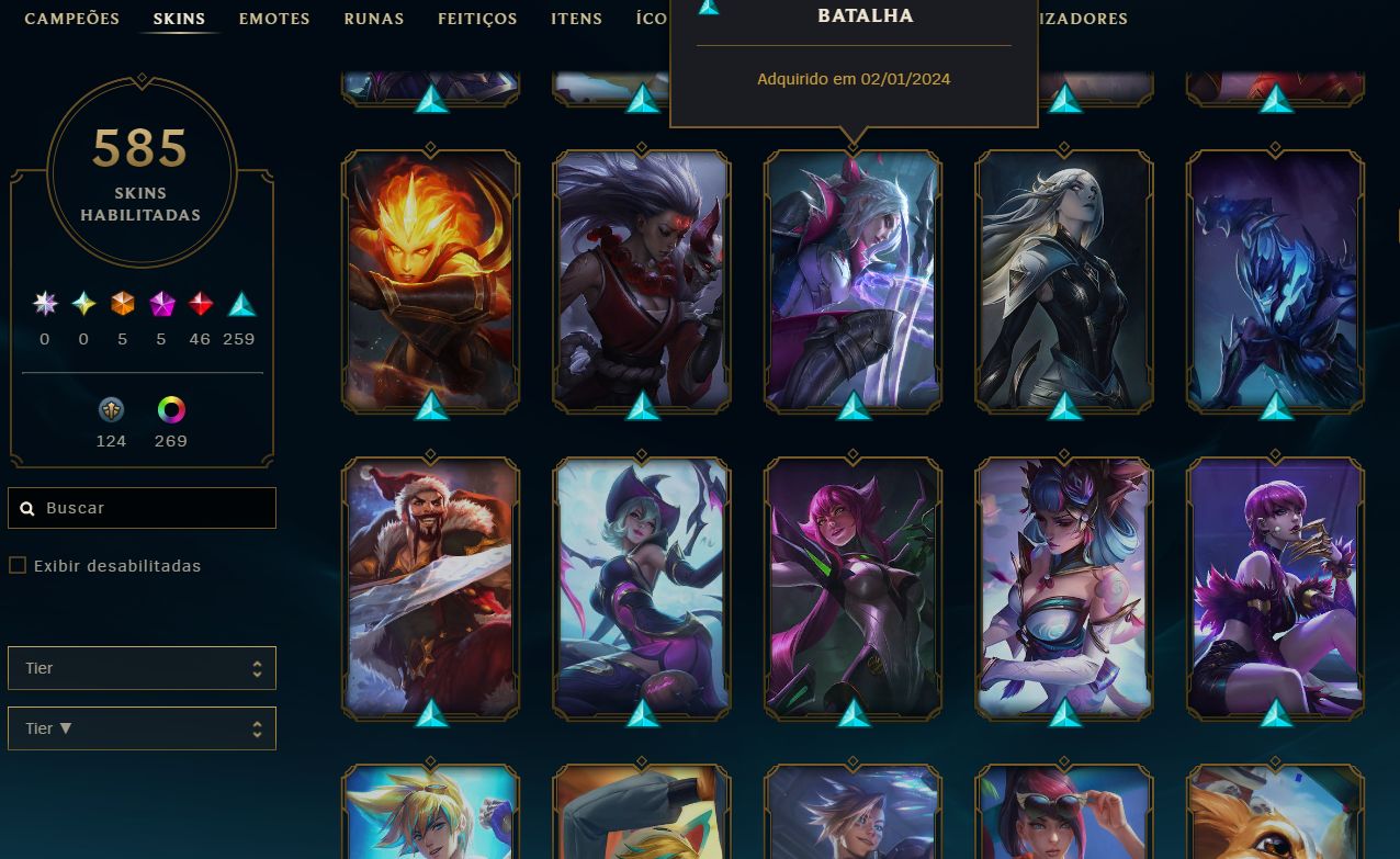 CONTA LOL, FULL CHAMPS, 240K ESSENCIA AZUL, LVL 793, 585 SKINs