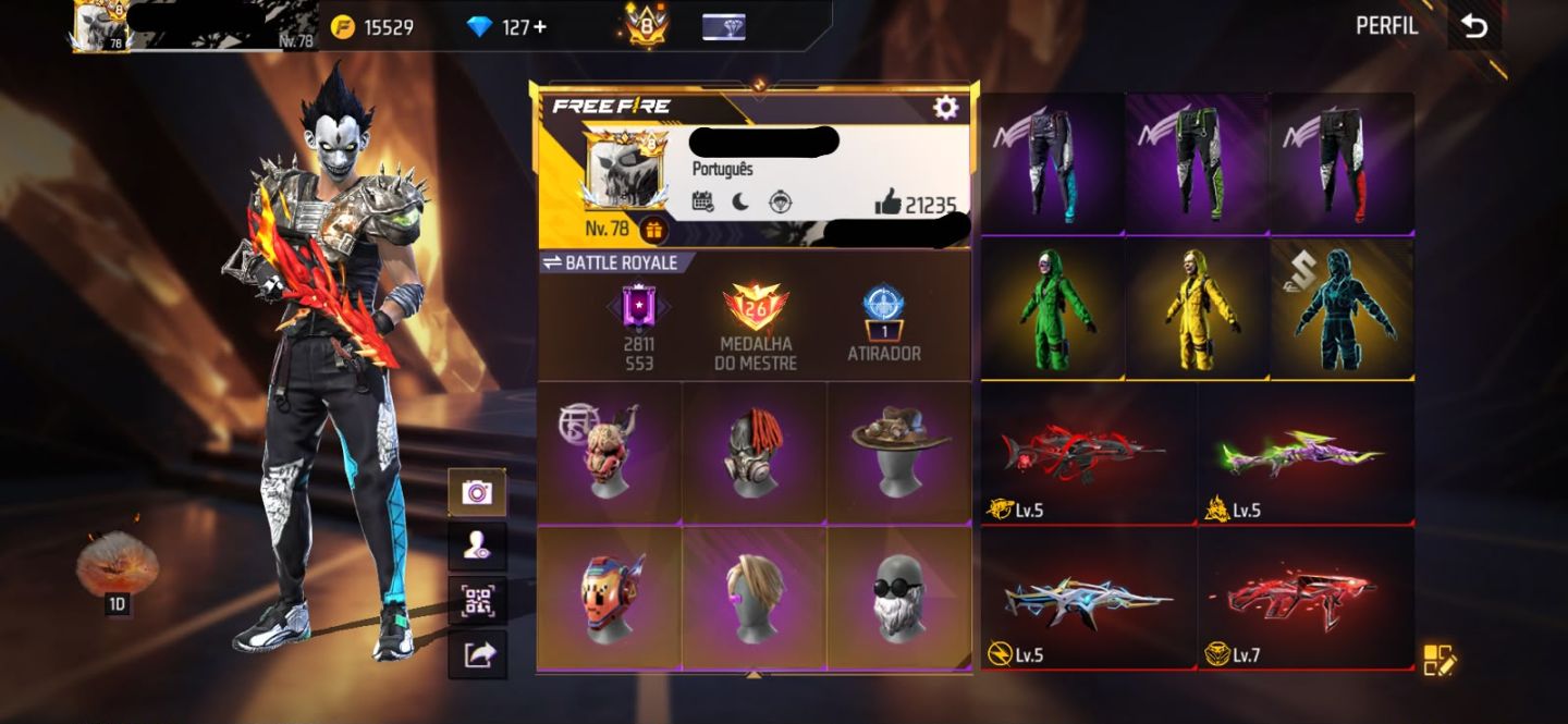 Conta free fire gemada com primeiro terceiro setimo passe 970 peitorais prime 8