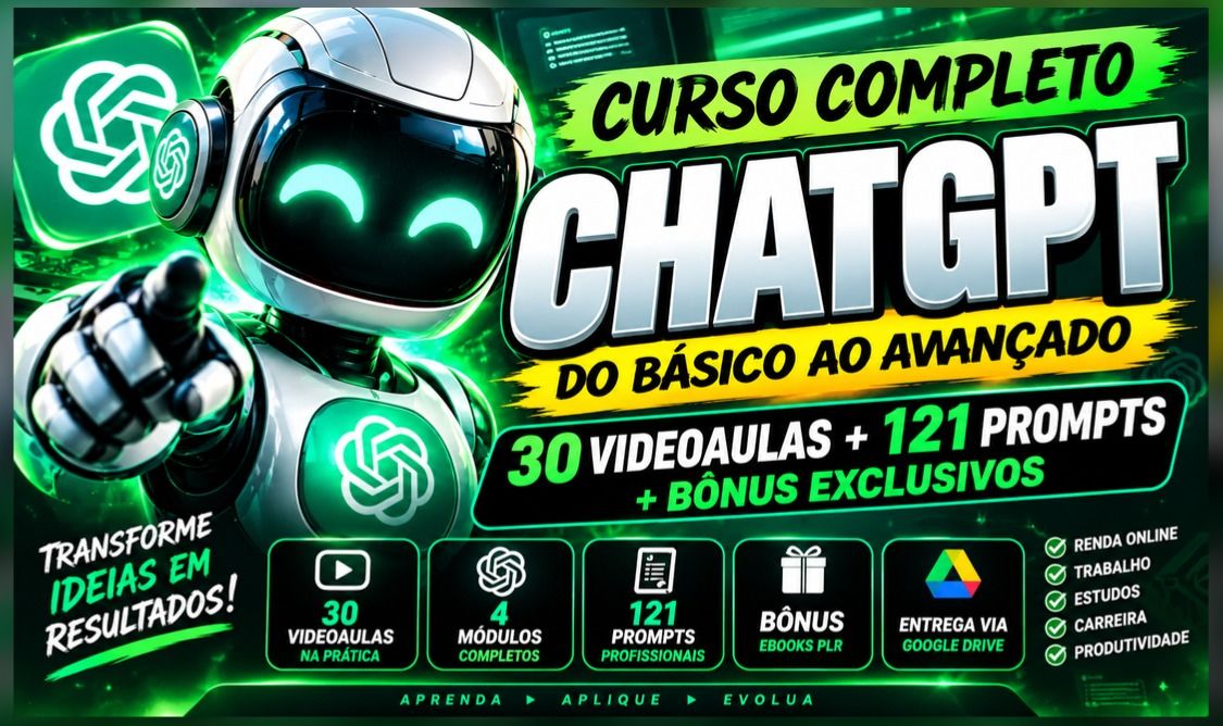 CURSO CHATGPT COMPLETO + 121 PROMPTS | 30 AULAS + BÔNUS