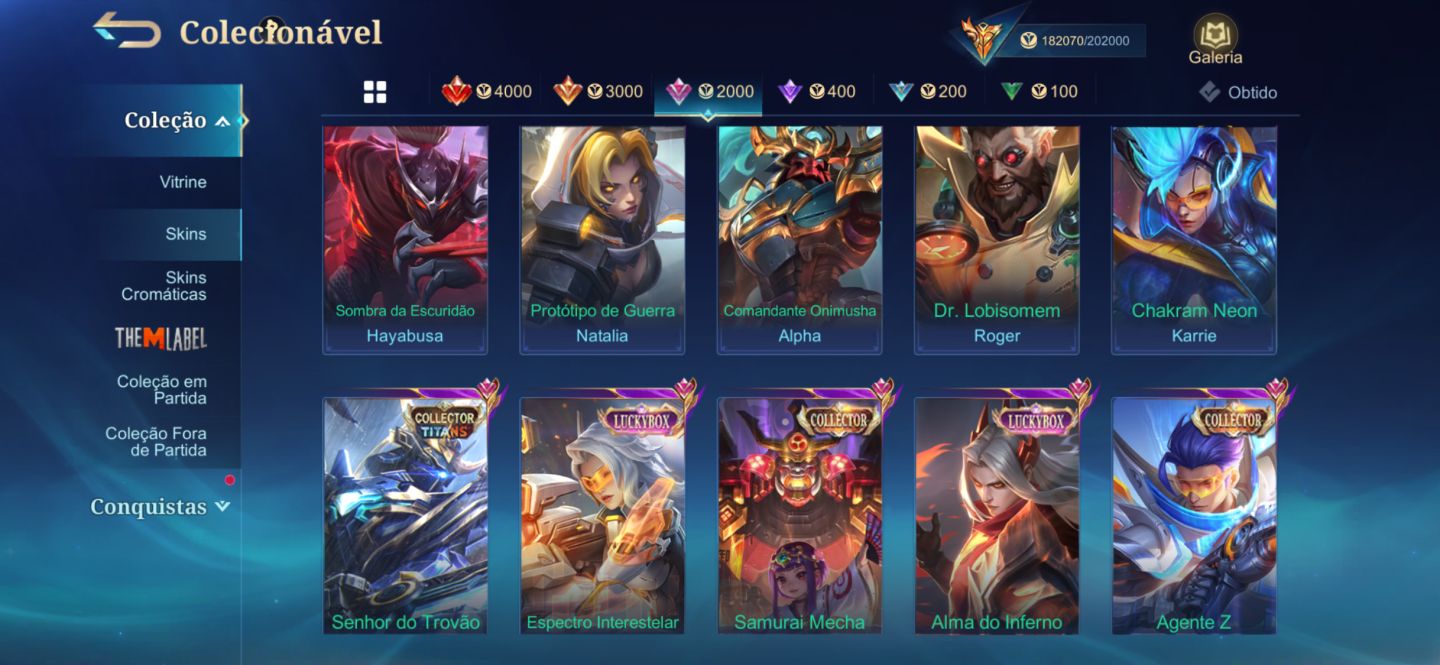 Conta MLBB com skins exclusivas como KOF, Jujutsu KAISEN e outras skins raras