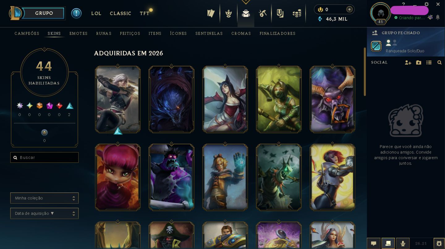 Conta de Lol Nível 41 | Mestre (70% WR) | 42 Campeões | 3 Skins | 56 Ícones e +!