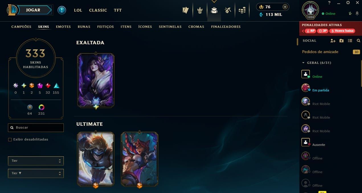 CONTA LOL + VALORANT FULL ACESS LVL 1020 COM 333 SKINS(LoL) E 3 SKINS(Valorant)