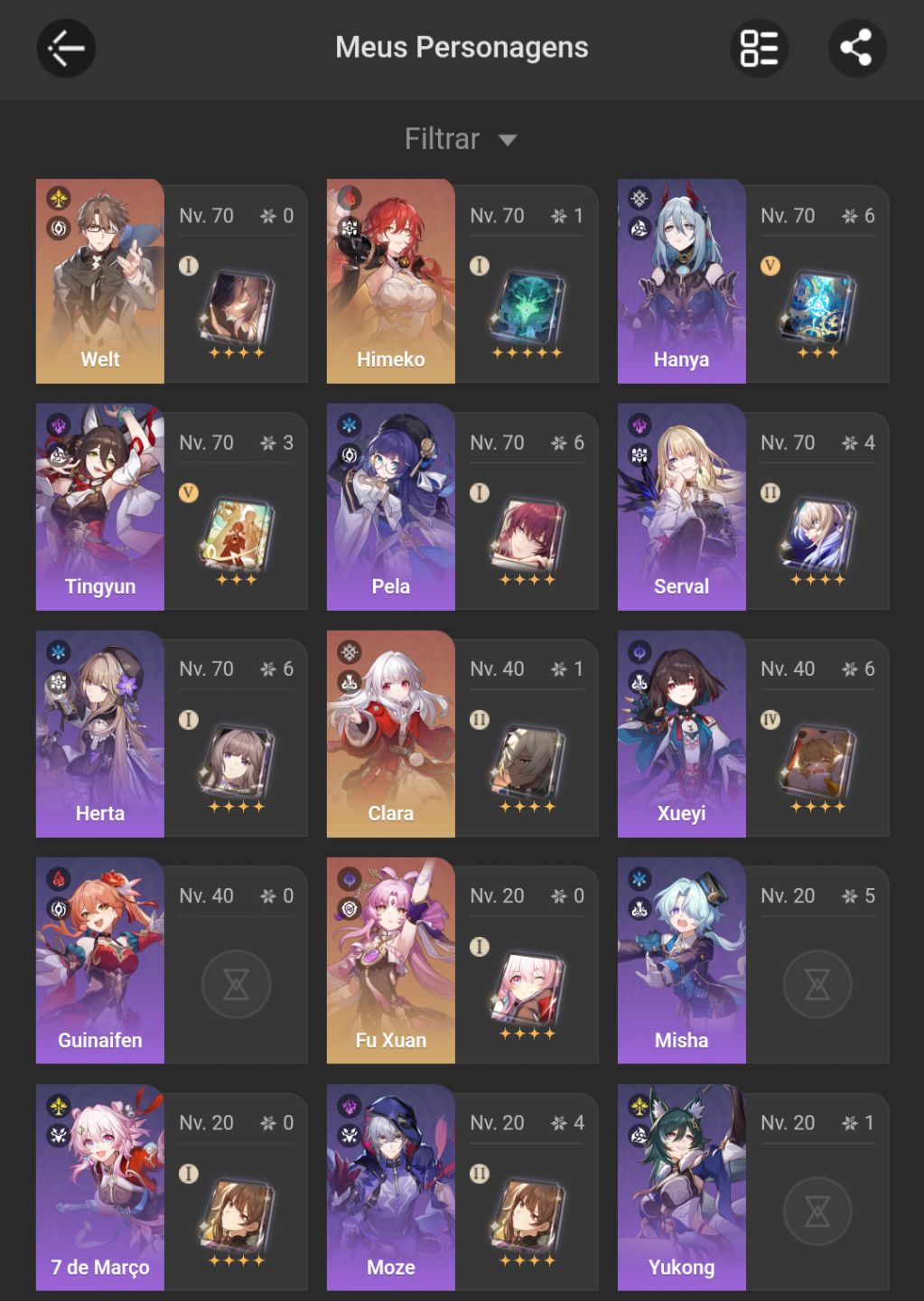 (AMÉRICA) Castorice E0S1, Evernight, Hyacine, Tribbie, Yao Guang e + (DESCRIÇÃO)