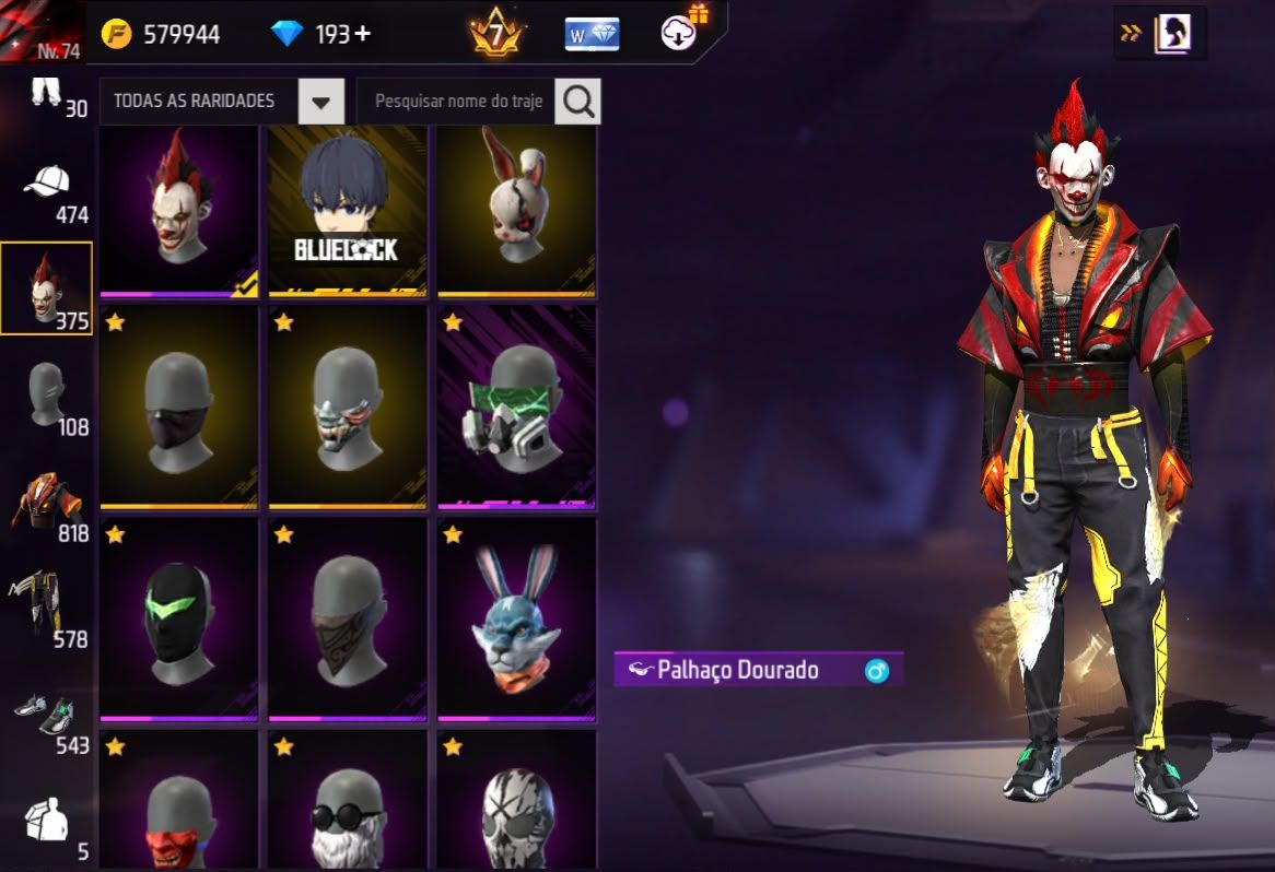 Conta Free Fire Gemada com 8 Angelicais 8 Evolutivas 5 Punhos 800+ Peitorais