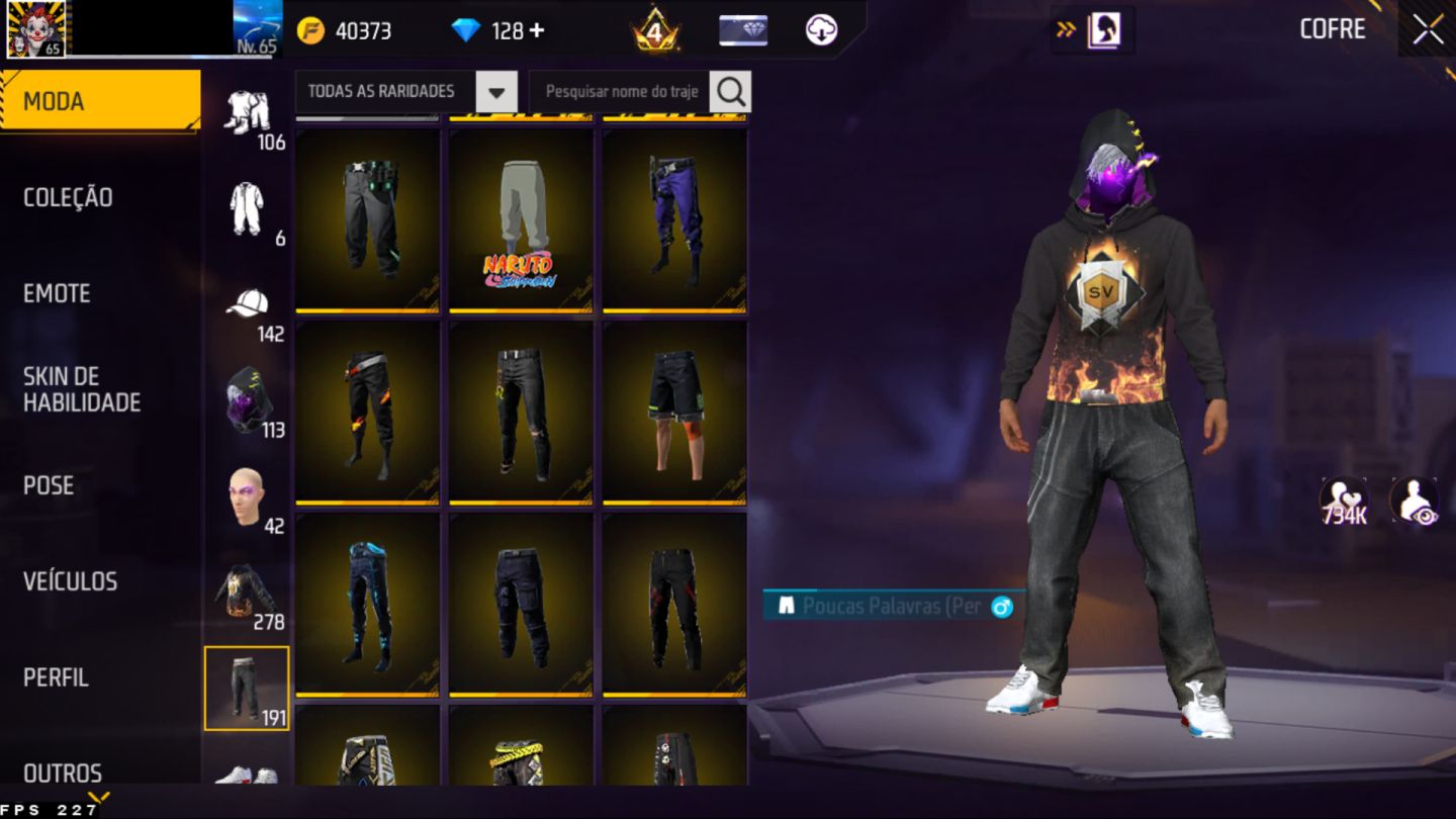 Conta Free Fire Nv. 65 Gemada desde 2018 - itens antigos - Parceria Mclaren