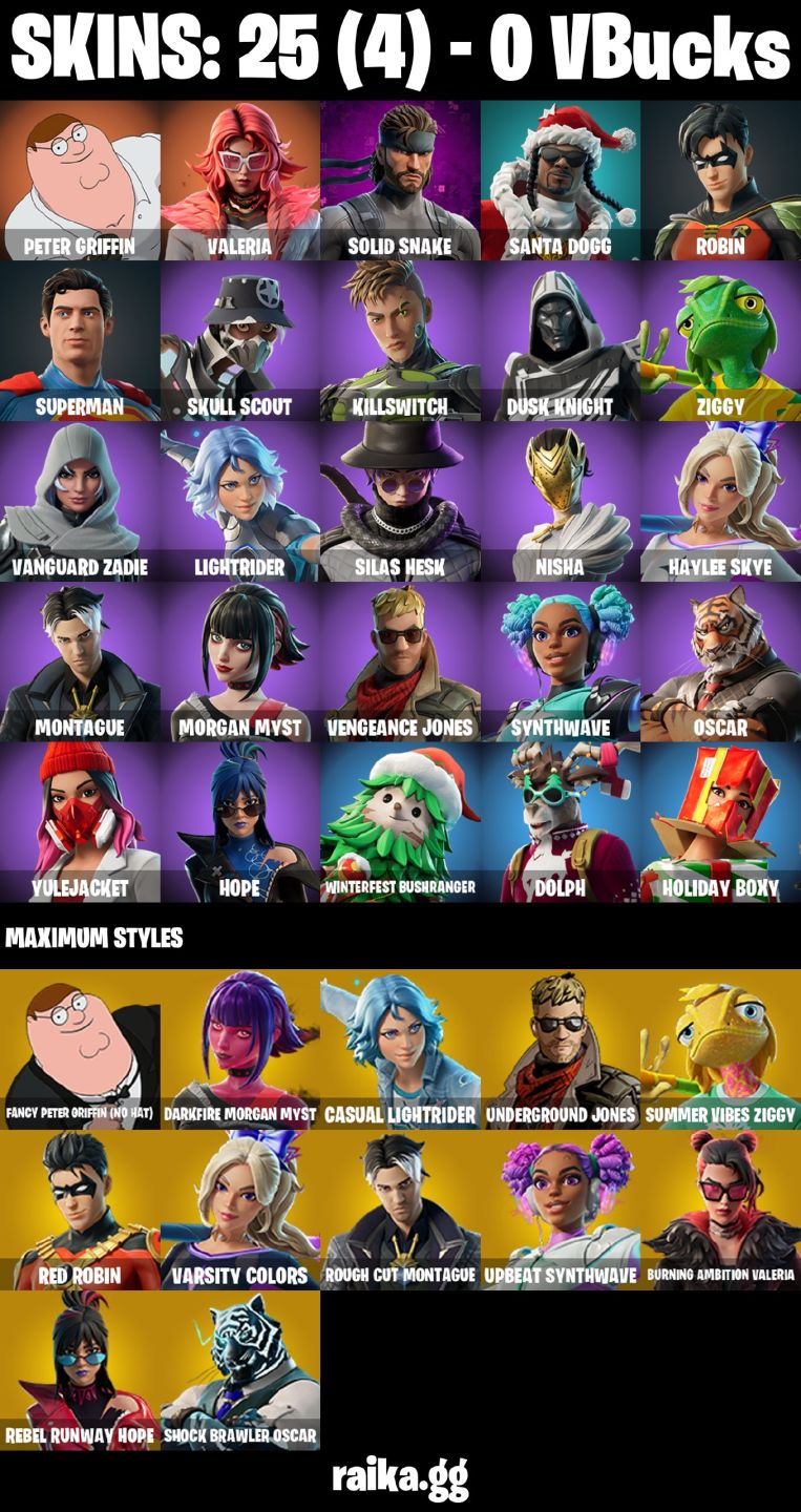 CONTA FORTNITE COM 25 SKINS SOLID SNAKE/SUPERMAN/NISHA/ZIGGY/ROBIN/OSCAR/HOPE