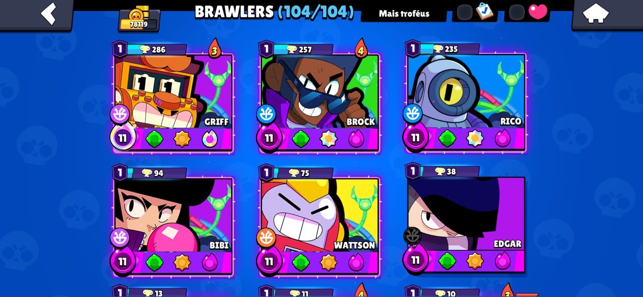 CONTA BRAWL STARS 2018 | 104/104 BRAWLERS | 342 SKINS | 78K TROFÉUS | 500 GEMAS