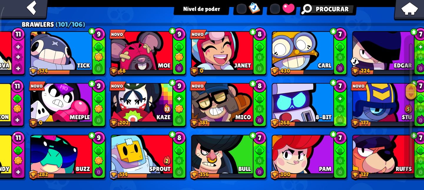 Conta de brawl Star com Colt desafiante entre outras skin raras