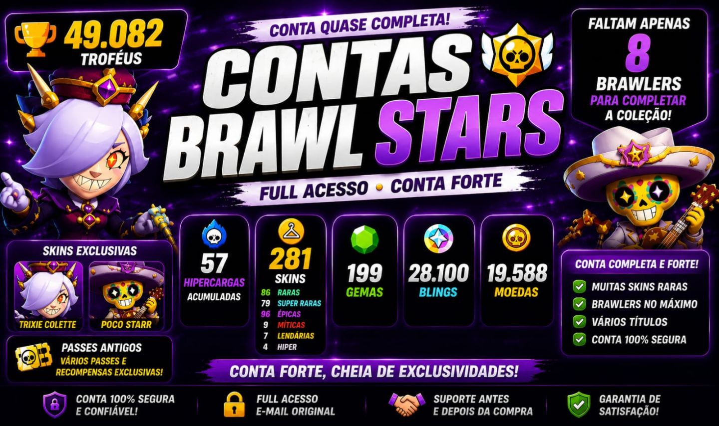 Conta Brawl Stars 49K+ | 57 Hipercargas| 281 Skins Quase Completa|Passes Antigos