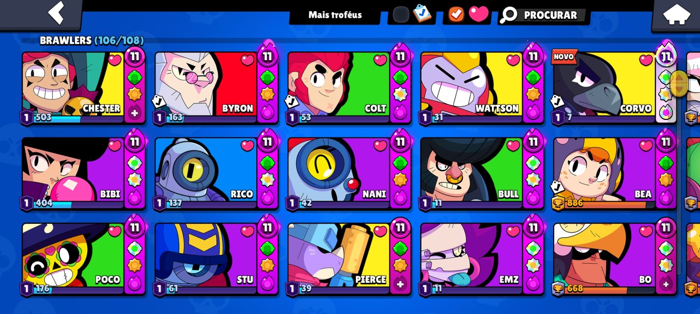 Conta de brawl stars com mais de 44k de troféus, conta antiga com muitas skins