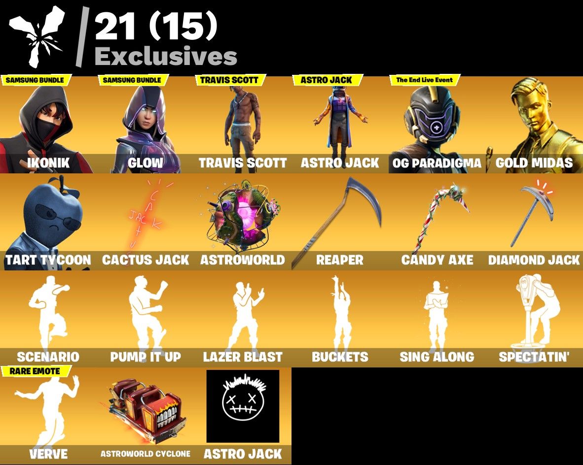 CONTA 184 SKINS - TRAVIS - IKONIK - GLOW - GOLD MIDAS - RENEGADE - 650 VBUCKS