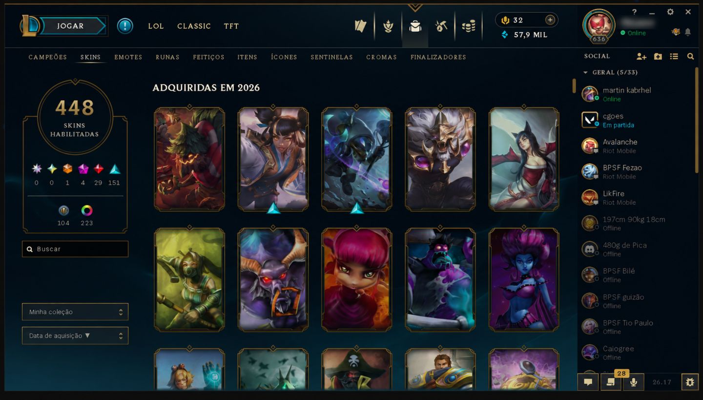 Conta de LOL diamante em todas as Filas com mais de 400 Skins e todos os champs