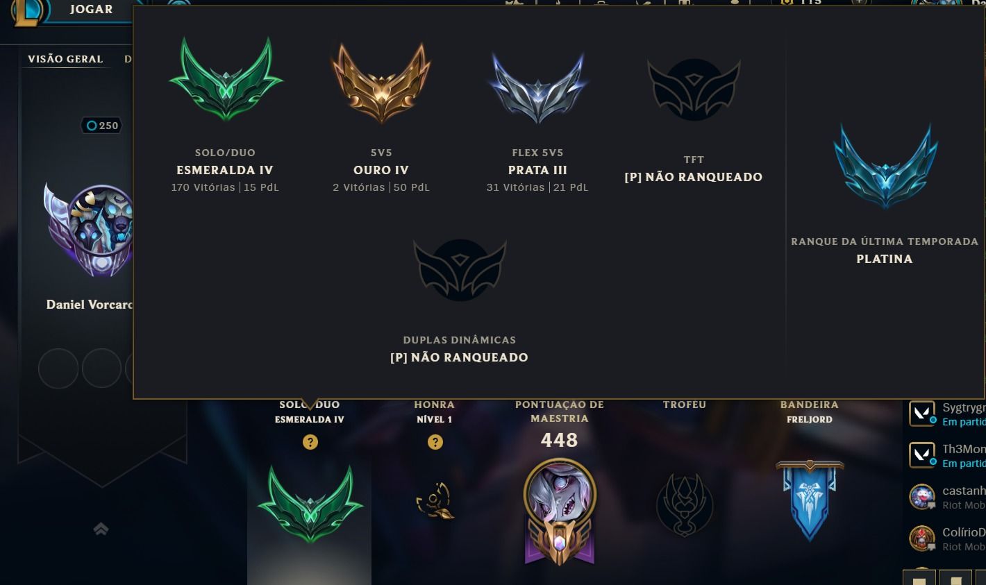 Conta LoL Esmeralda IV | Todos Campeões | 122 Skins (Vayne Mítica)