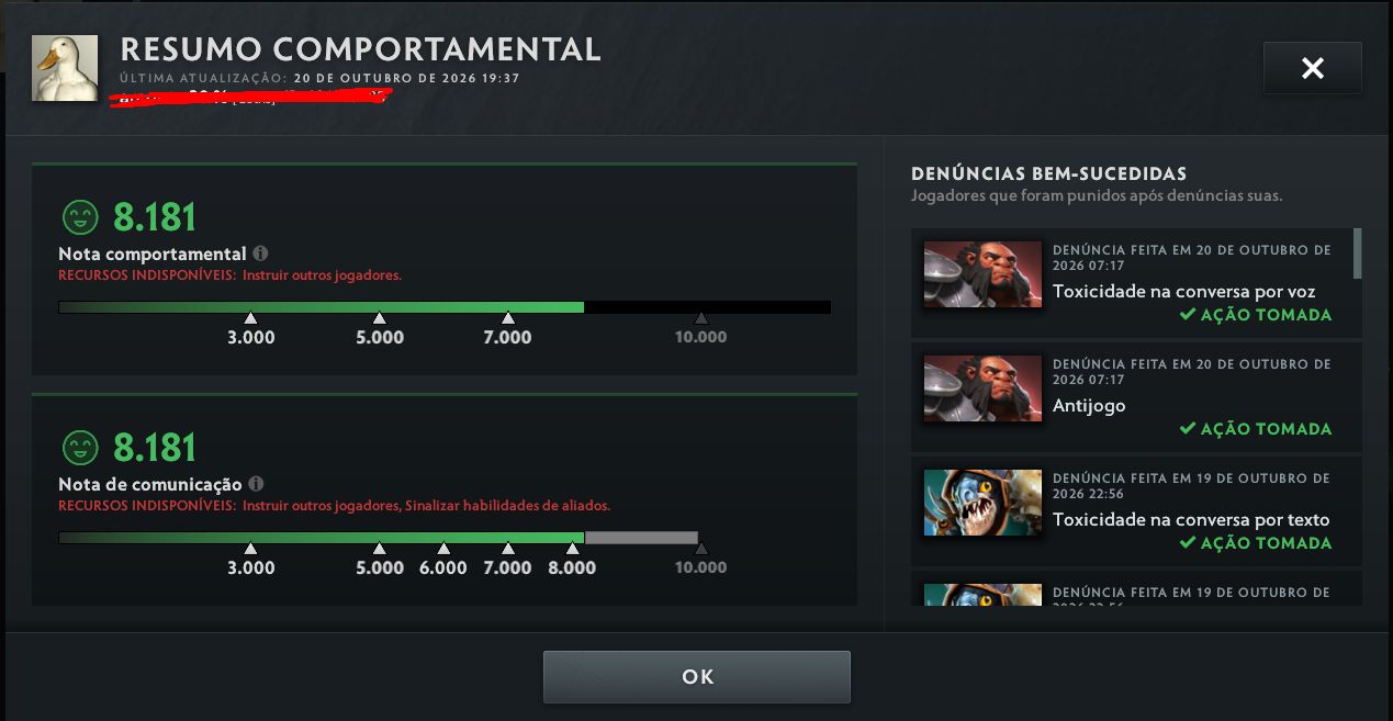 CONTA ARCONTE 3 - DOTA 2 2k.708 MMR - 8.181/8.181 BEHAVIOR