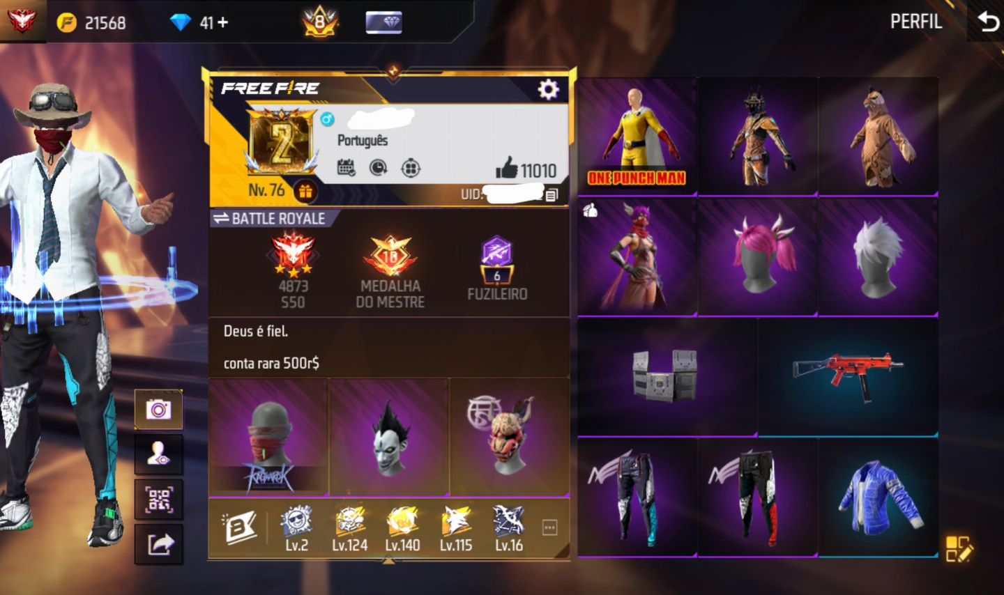 Conta free fire nivel 76 com primeiro passe e ragnarok raríssima.