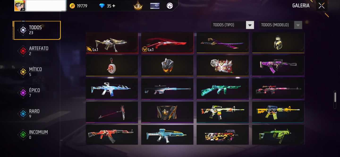 CONTA FF COM SKINS DA PARCERIA NARUTO + 2 EVO