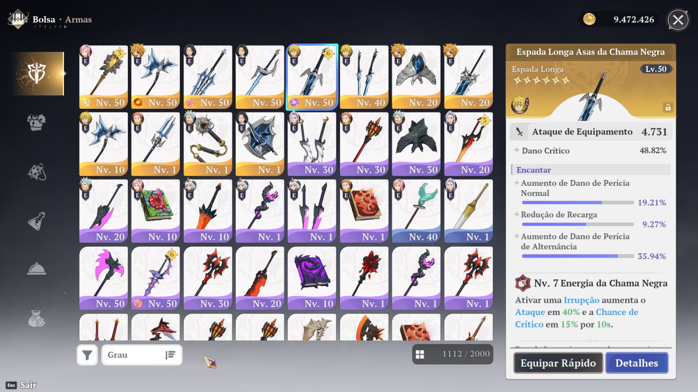 Conta End Game 7DS Origin - Meliodas P9, Ban P5 com 90 giros - pity garantido!