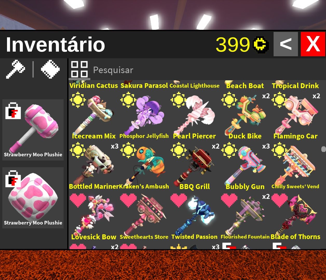FTF Inventário com quase todas as marretas incluindo Moo Plushie