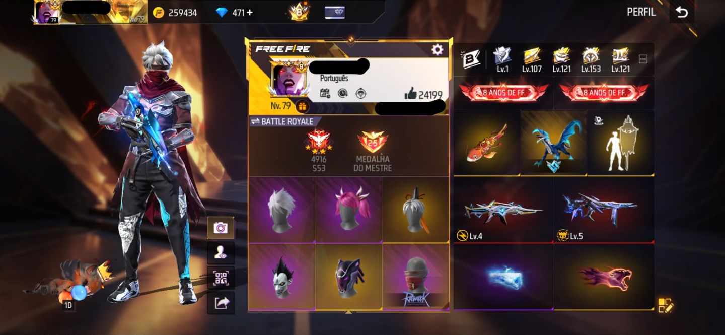Conta free fire gemada com ragnarok, barbinha, punho, 800+ peitorais, prime 8