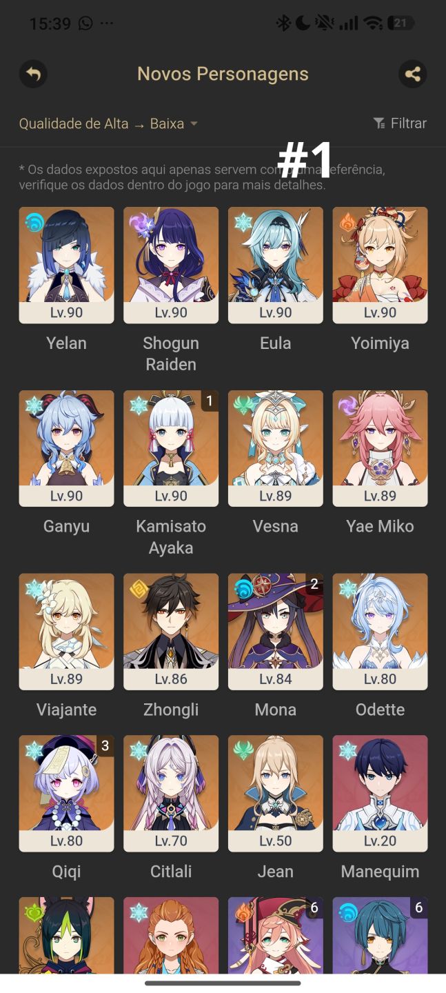 Contas de genshin com alguns T5