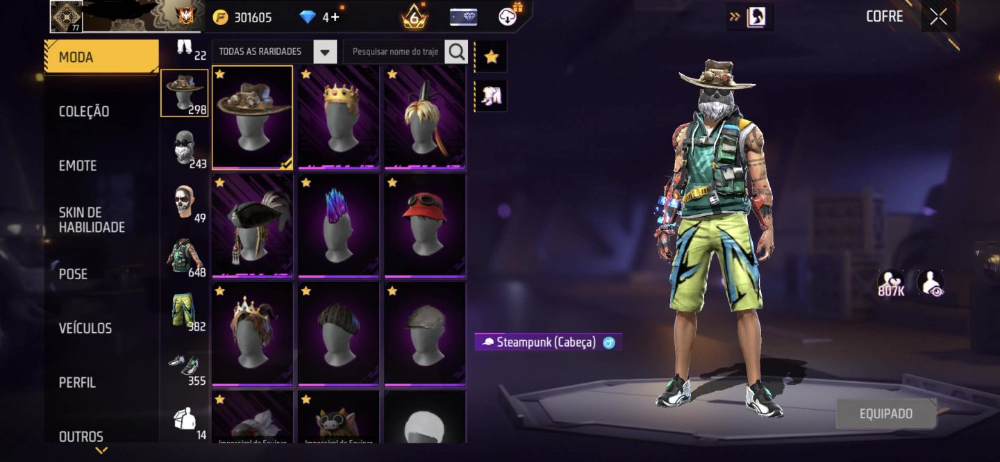 CONTA DE FF GEMADA STEAM PUNK+PRIME 6 + FREE FIRE+ PUNHOS + TOP CRIMINAL ROXO