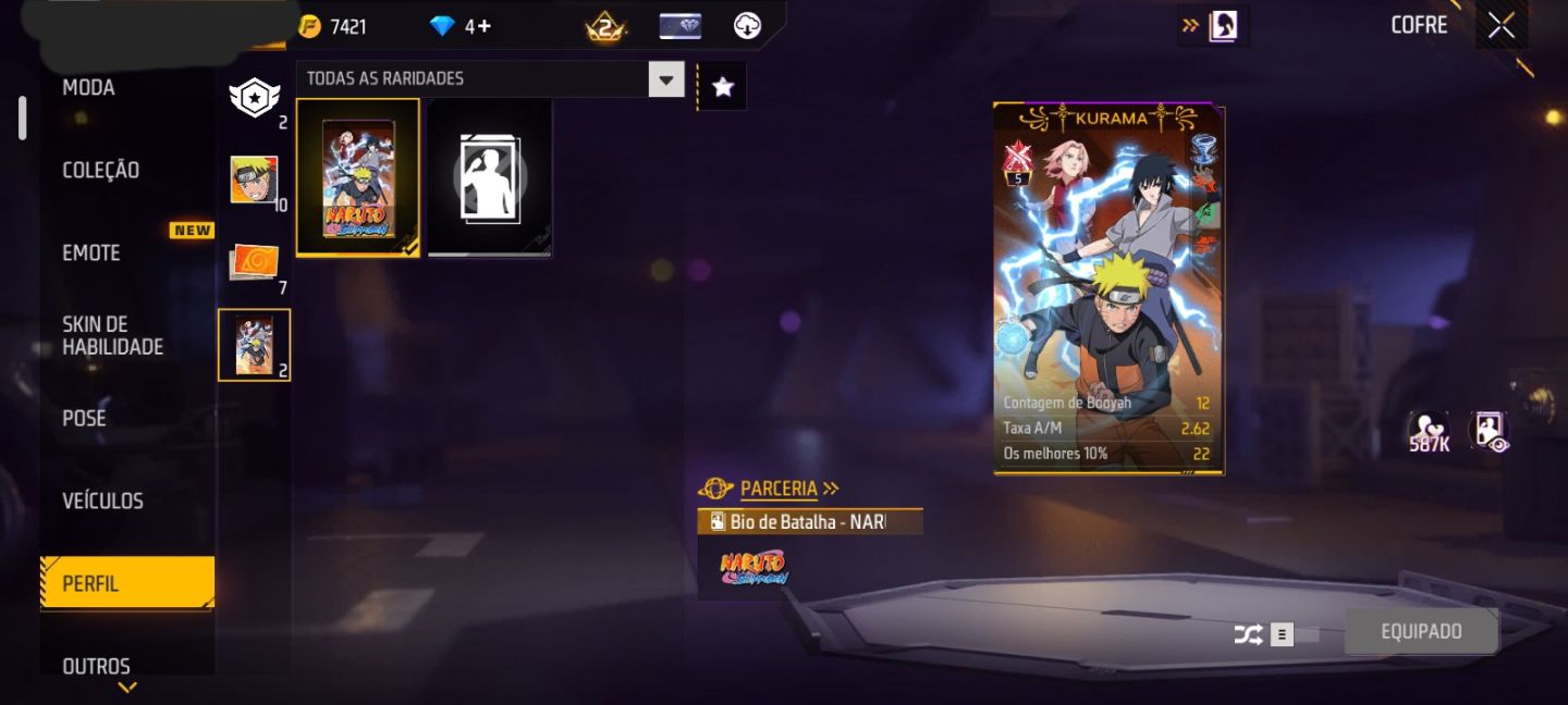 CONTA COM NARUTO + KAKASHI + HINATA + M4A1 DO NARUTO + 7 EMOTES + BIO (SEU EMAIL