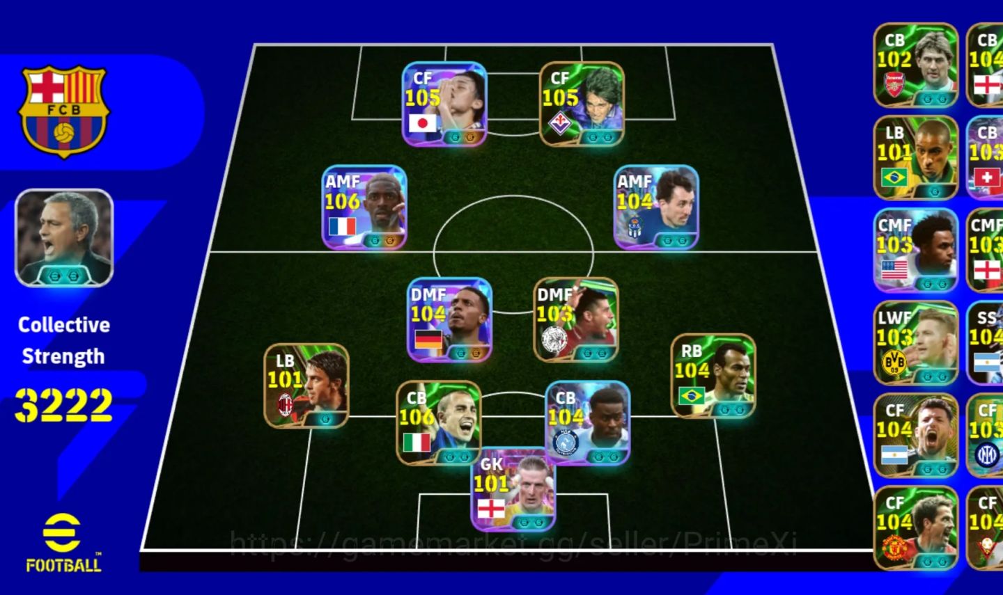 Conta eFootball 3223 Força | Dembele 106 Cannavaro 106 Baggio 105 Okazaki 105
