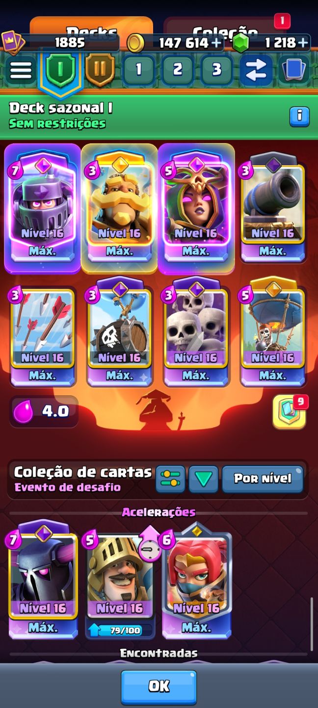 Conta Clash Royale niver da conta 16, vários emoji e evolução.