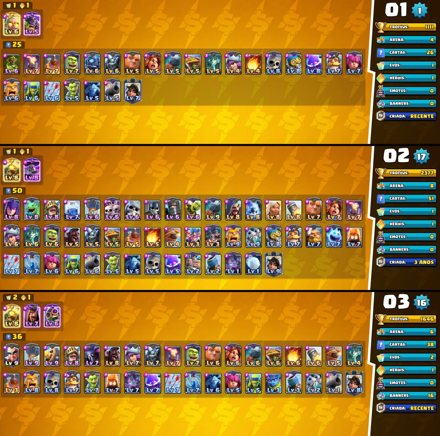 CONTAS UPADAS E BARATAS CLASH ROYALE +CAMPEÕES +EVOS E COM MAIS GEMAS