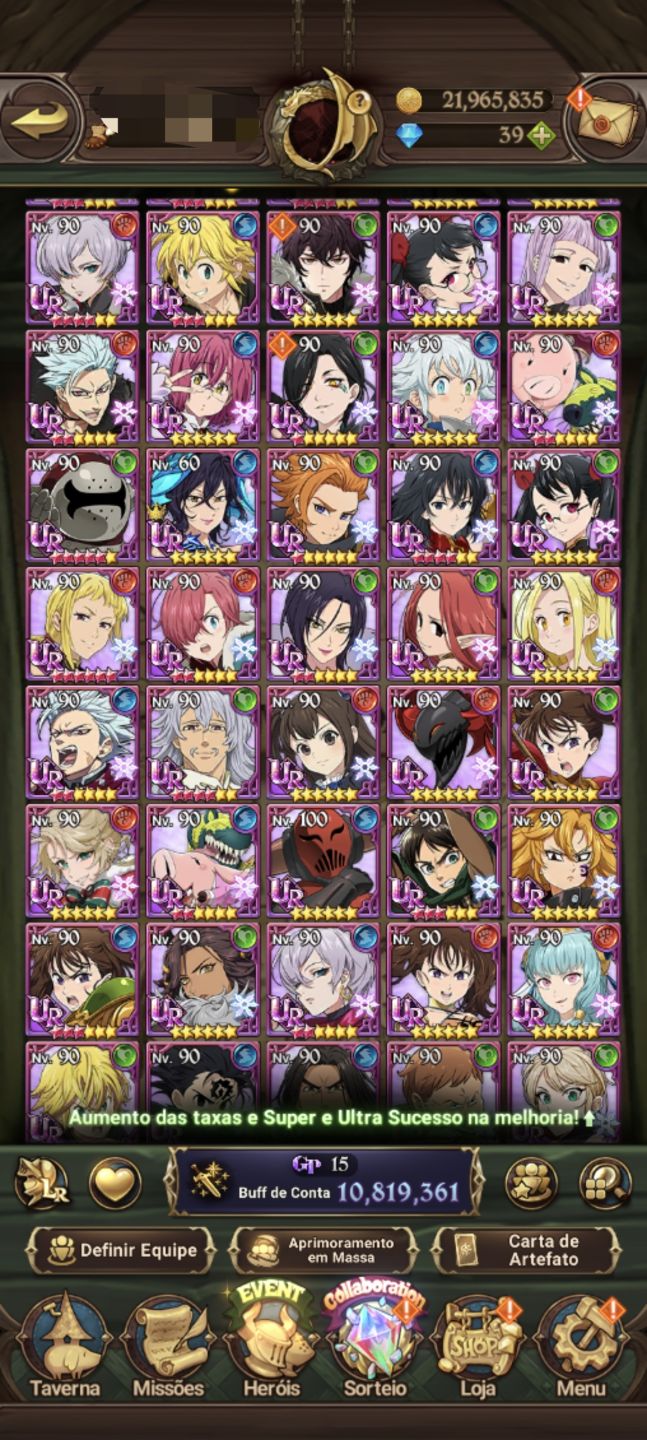 | Conta 7DS Grand Cross | Gawain, Collabs + IF's | Campeão V | 11.2M+ BOX |