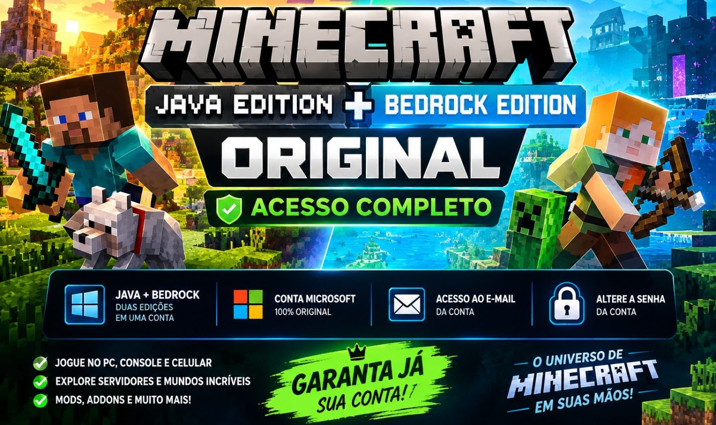 Minecraft Java + Bedrock | Full Acesso | Entrega Rápida