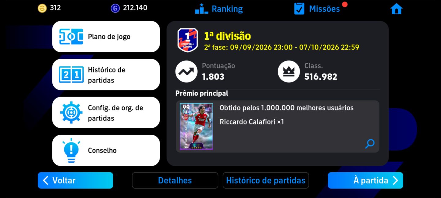 Upo para a divisão 1 no efootball (ELOJOB EFOOTBALL MOBILE)