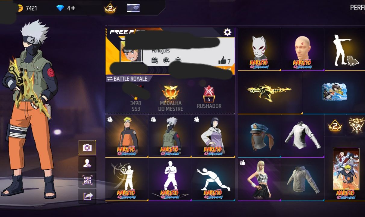 CONTA COM NARUTO + KAKASHI + HINATA + M4A1 DO NARUTO + 7 EMOTES + BIO (SEU EMAIL