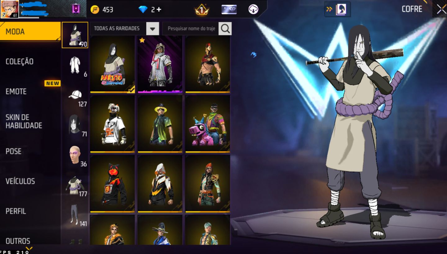 Conta de Freefire com Varios passes antigos, Skins do Naruto e Eventos.