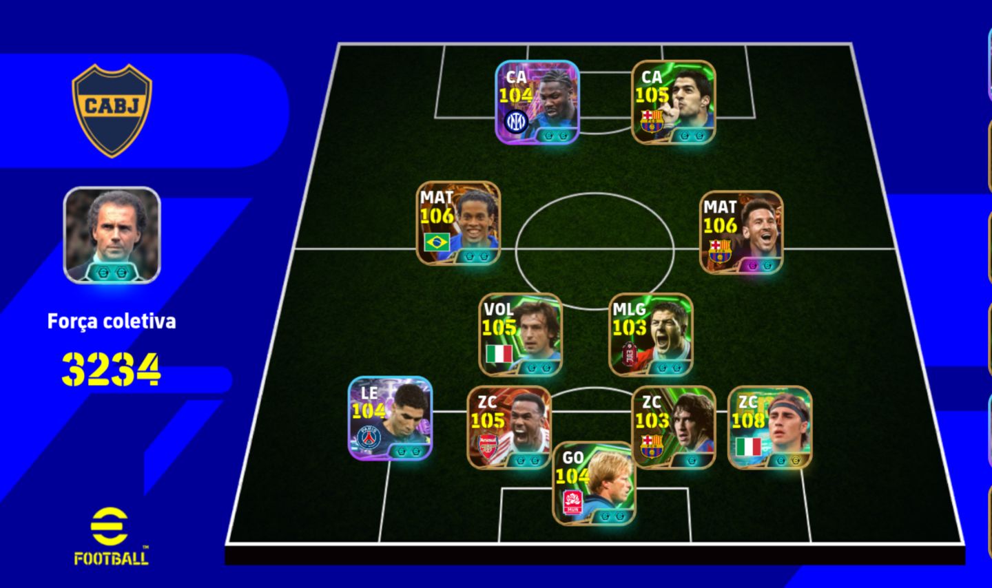 Conta efootball 3234, Ronaldinho Messi e Gabriel Magalhães big time
