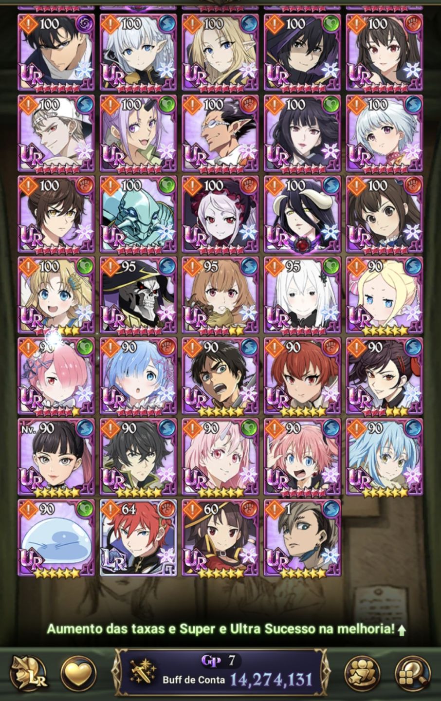 Conta 7DS Grand Cross, 14 Milhoes de CCBox, maioria das colabs, personagens, LRs
