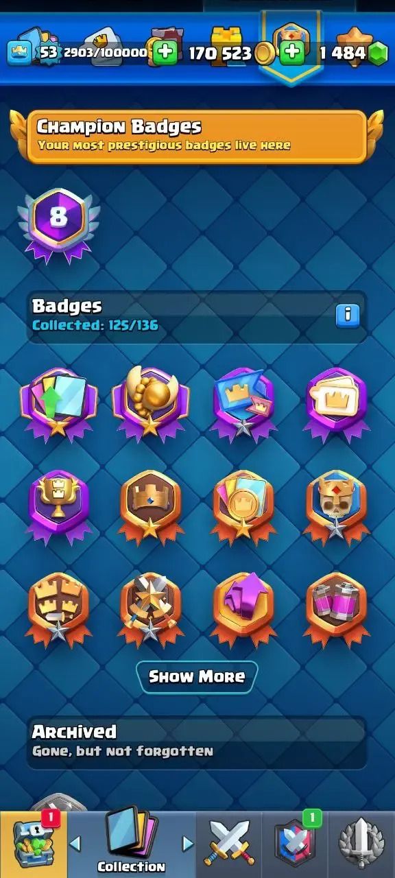 Conta Clash Royale nível 53, 9134 troféus, 48 cartas máx, 95 emotes, 1484 gemas