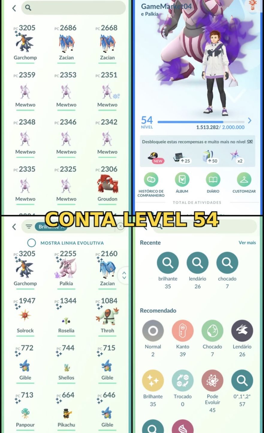 CONTS LEVEL 30+ POKEMON GO + LENDÁRIOS + BRILHANTES