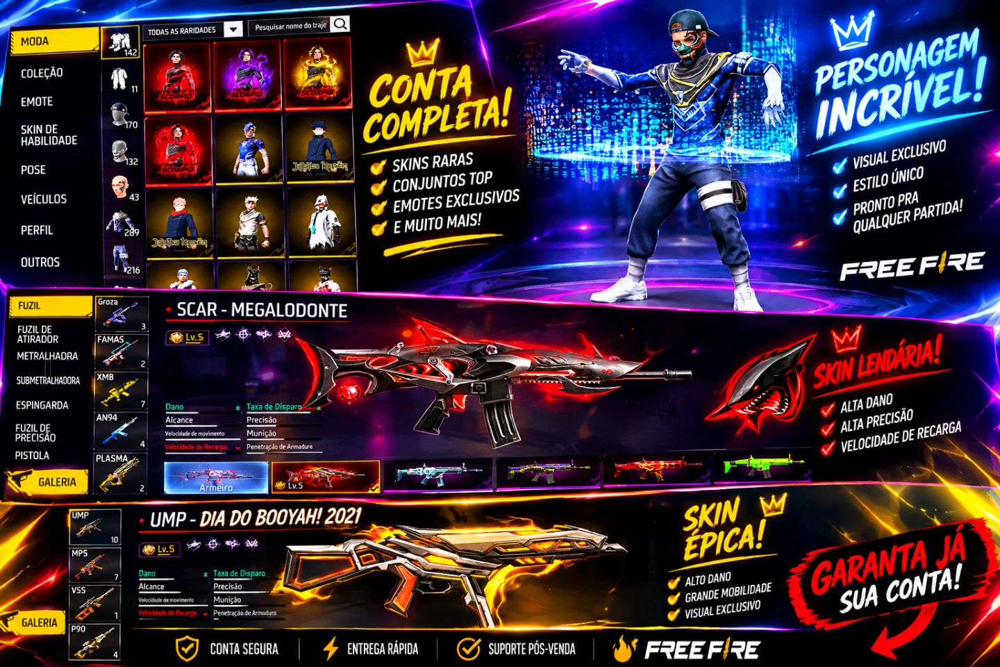 Conta Rara com Skin Angelical + UMP Booyah 2021 LV.5 + SCAR Megalodonte LV.5