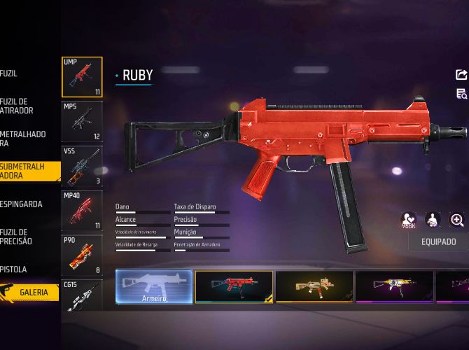 CONTA FREE FIRE COM VARIAS SKINS (UMP VERMELHA, CABELO ROSA, SOMBRA ROXA)